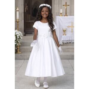 NEW Girls First Holy Communion Dress Size 12 Satin Silver Corded Trim Tea-Length